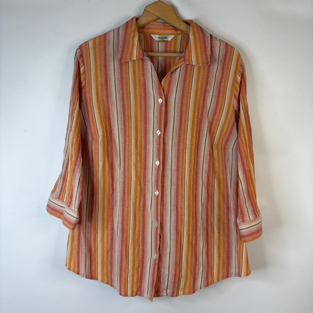 Alia Button Down Shirt Womens 20W Orange Vertical Stripe 3/4 Sleeve Collared Top